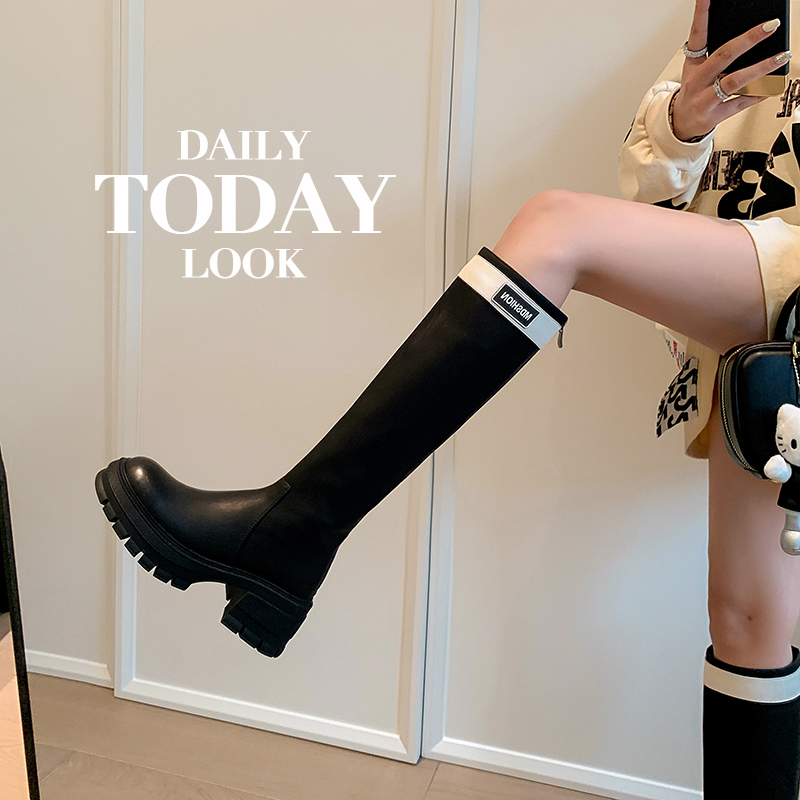 法式复古小香风拼色字母长筒靴女冬2025新款小个子厚底简约骑士靴