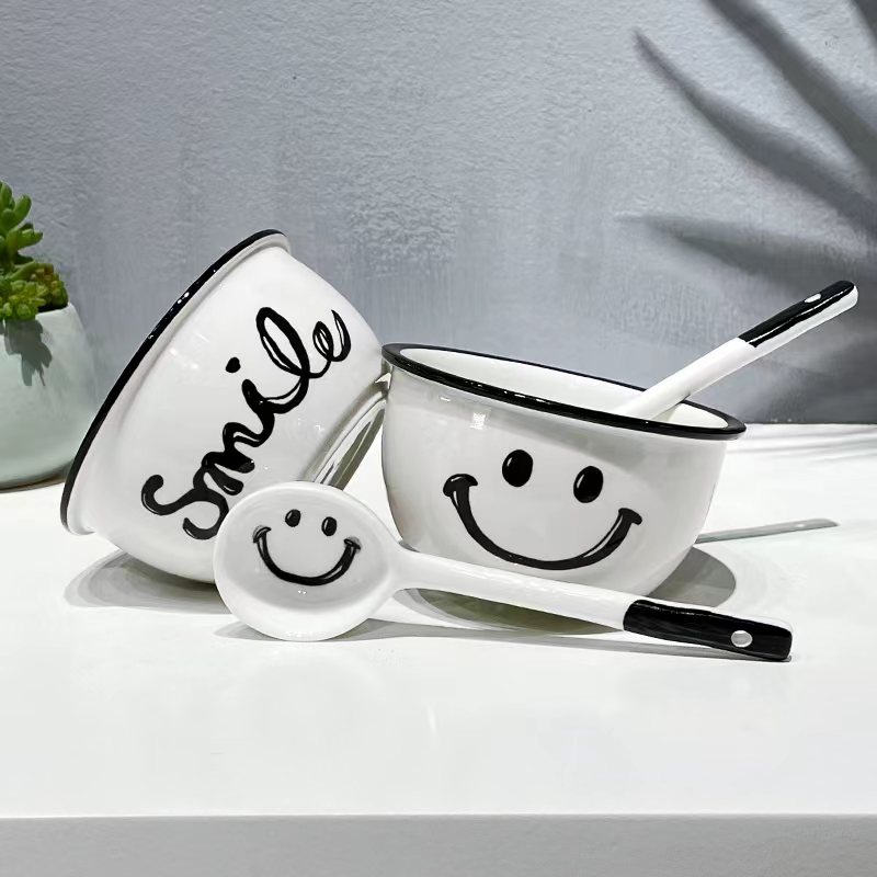 【笑脸2碗2勺】笑脸2碗2勺ins风釉下彩米饭碗简约餐具大容量 吃饭碗