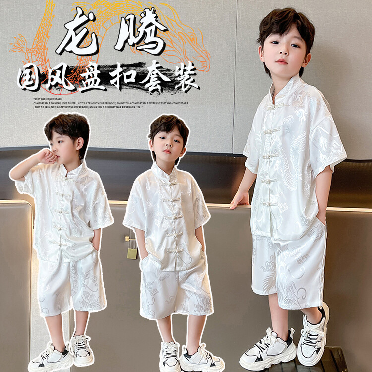 儿童套装2023新款男童夏季国风洋气中式印花珍珠盘扣唐装短袖短裤