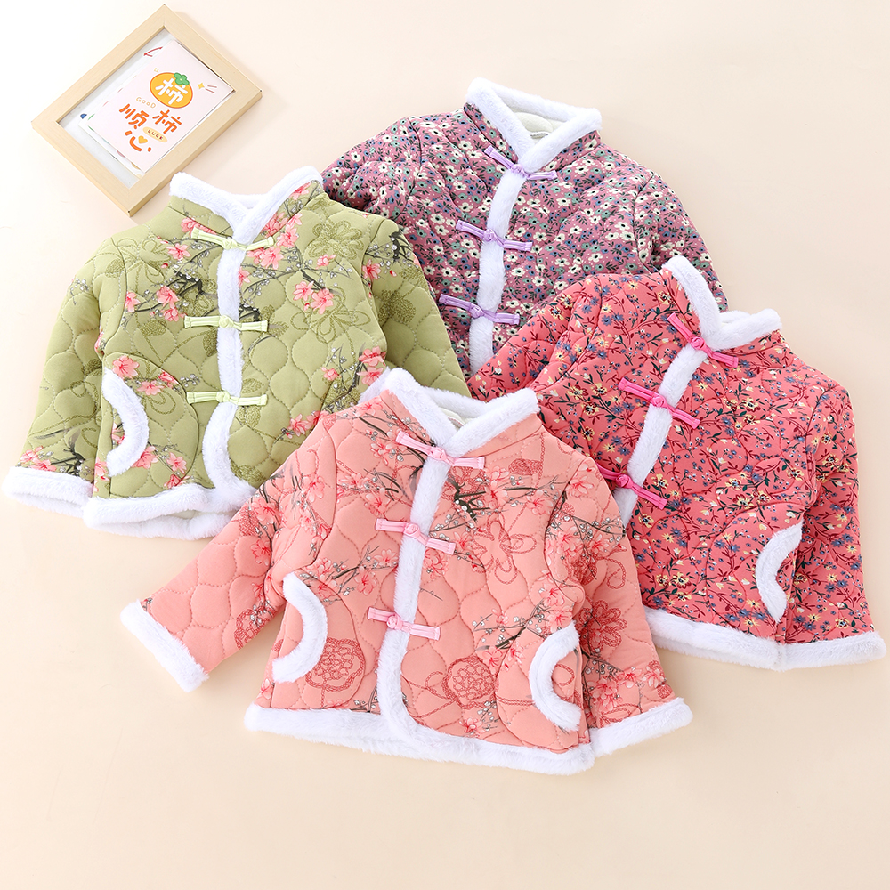 网红儿童棉袄女宝宝东北大花袄加绒加厚上衣冬装中国风拜年服唐装