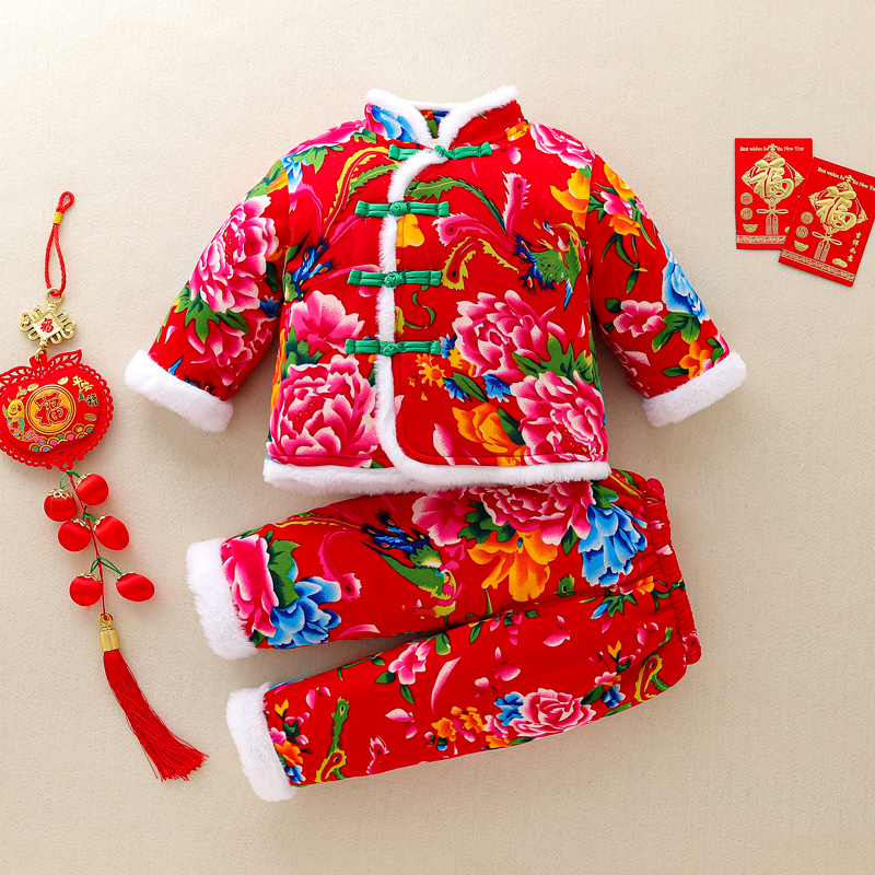 儿童东北大花棉袄冬季女宝宝加绒加棉套装中国风加厚拜年服冬装