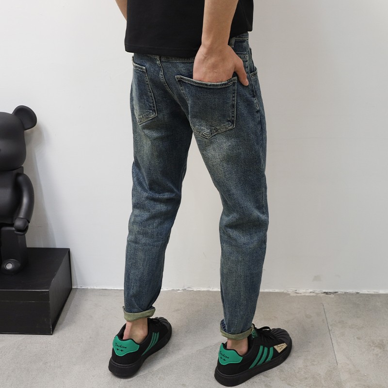 美式潮牌牛仔裤男修身小脚裤2025秋冬爆款韩版痞帅水洗蓝色九分裤