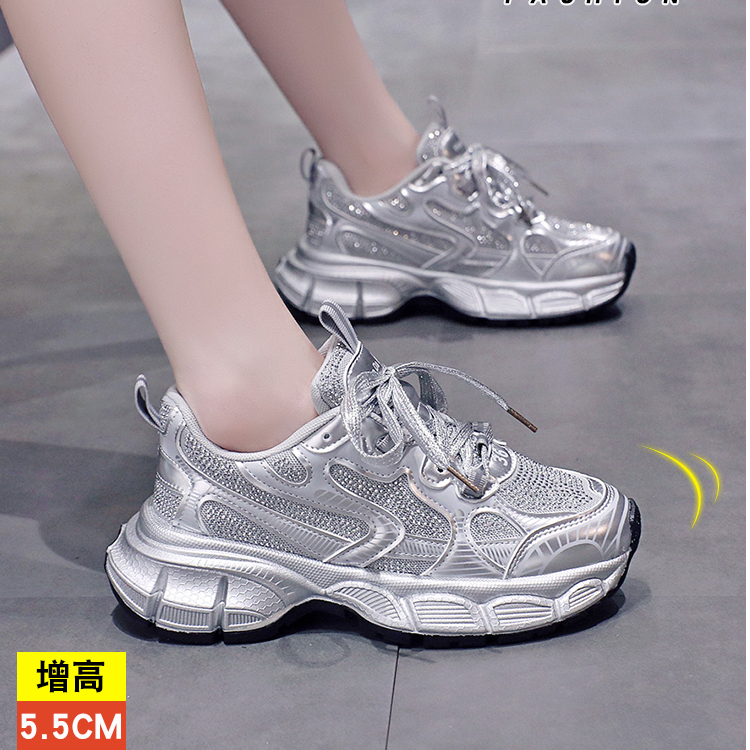 亮钻银色老爹鞋女2025新款秋季爆款带钻百搭女鞋透气亮晶晶运动鞋