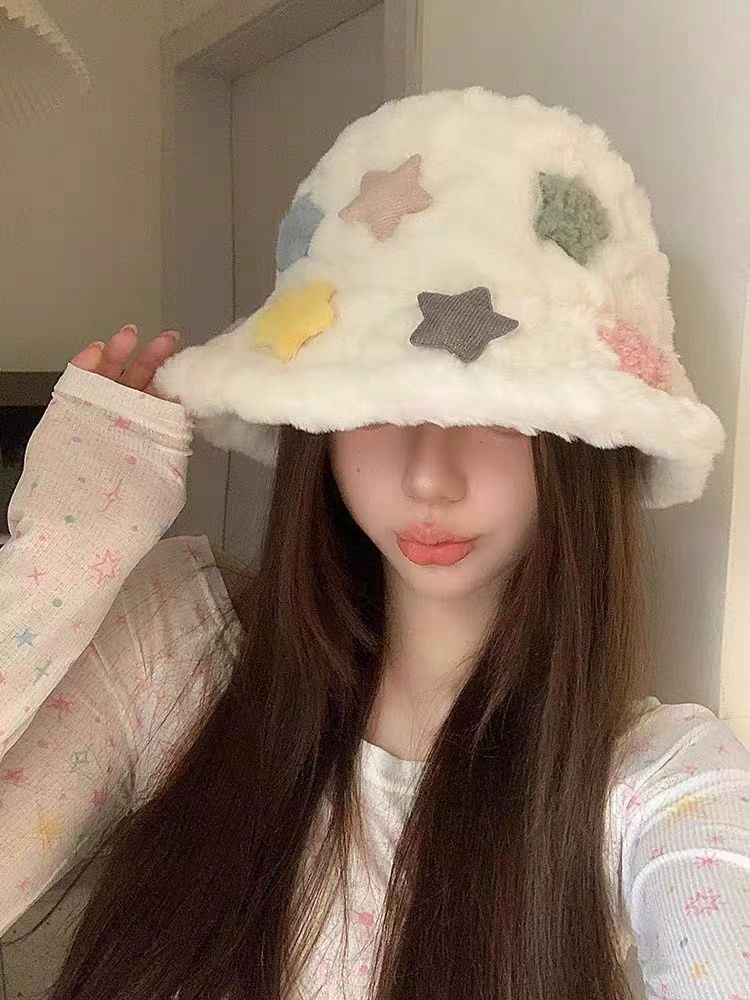 奶呼呼多巴胺秋冬季渔夫帽子女显脸小毛茸茸立体星星百搭水桶盆帽