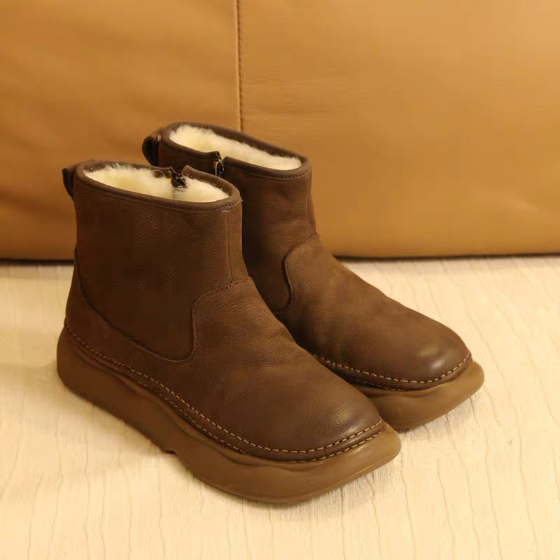 HA30牛皮圆头平底侧拉链厚底女棉靴