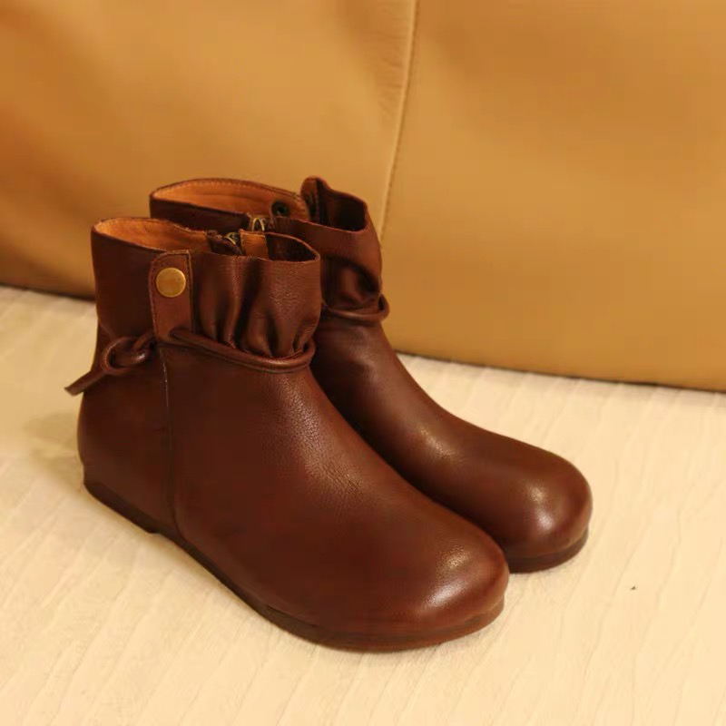 8316D-103牛皮圆头休闲侧拉链女短靴