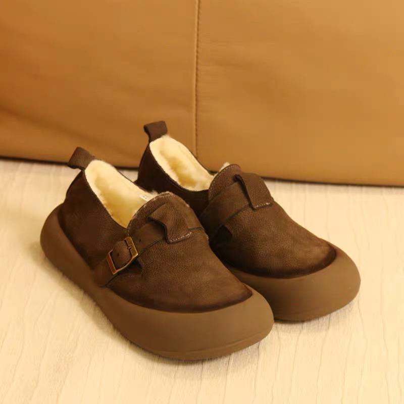 HA136牛皮休闲圆头平底女棉鞋