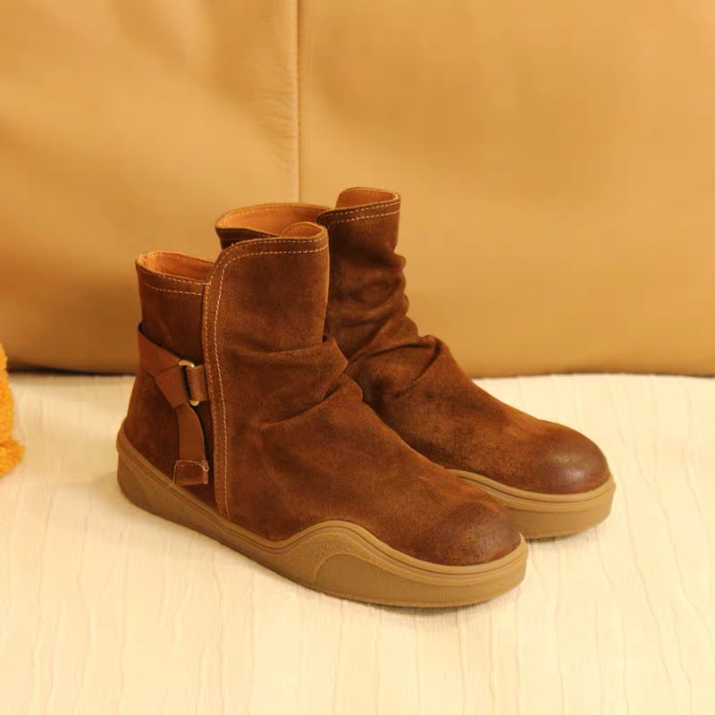 668-6牛皮反绒圆头平底侧拉链休闲女短靴