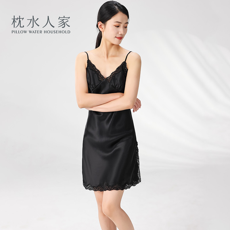 枕水人家100%桑蚕丝吊带睡裙春夏季透气桑蚕丝家居服性感睡衣女