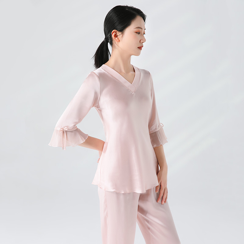 枕水人家100%春夏新女士真丝睡衣两件套装花边桑蚕丝绸中袖家居服
