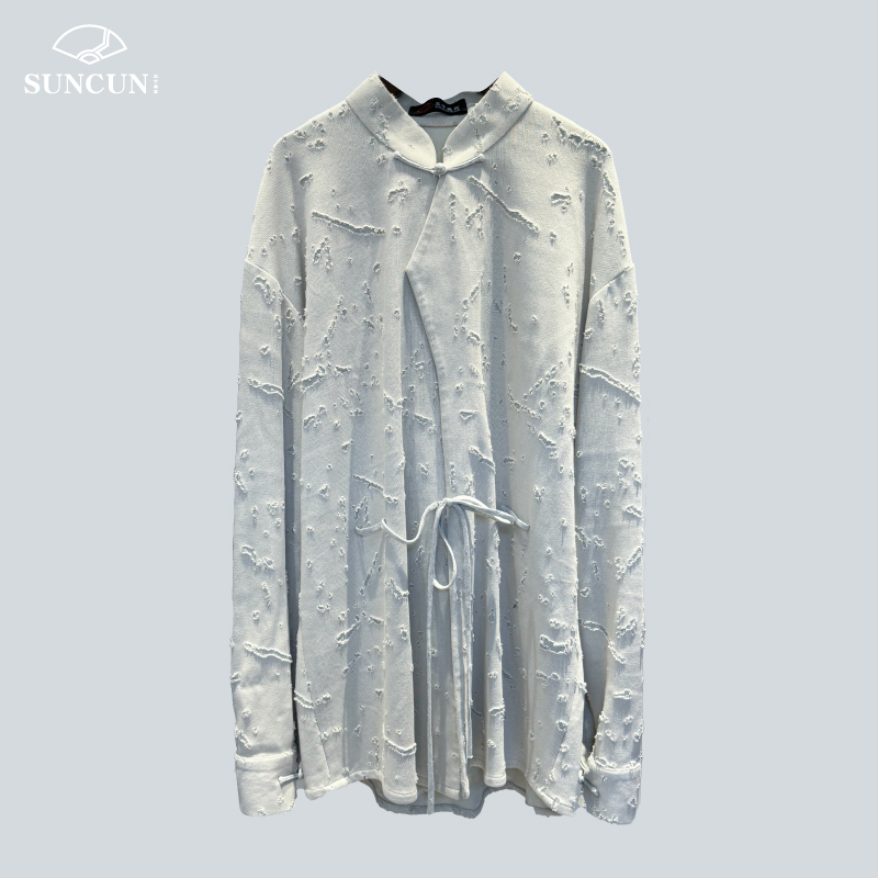 三寸盛京新中式立领米灰色破洞上衣