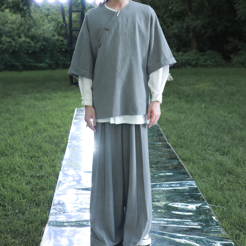 三寸盛京昆仑听雪中国风青灰色圆领斜襟百搭短外套纯色长袖宽松