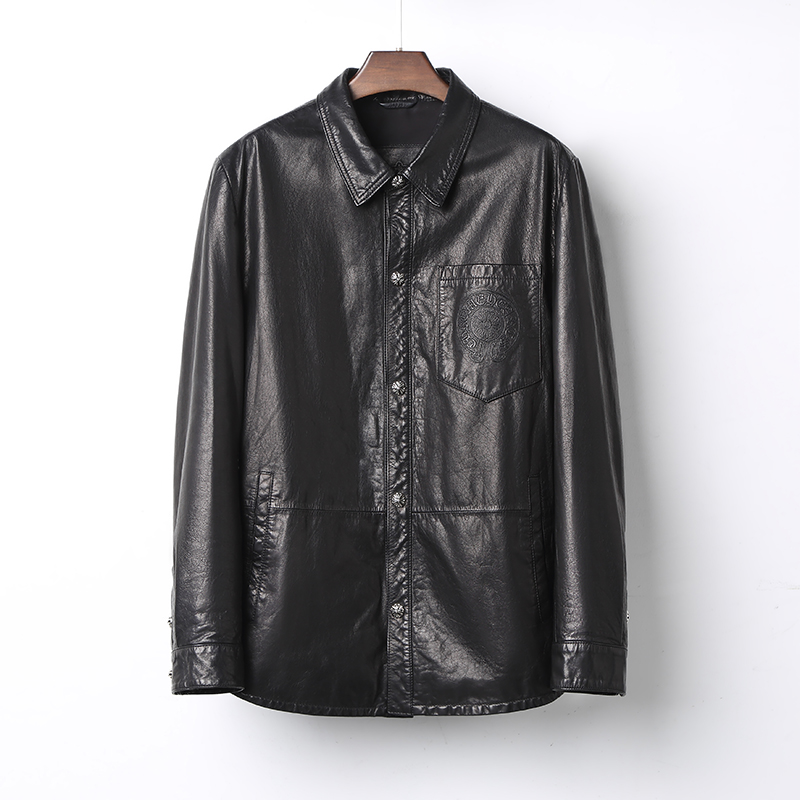 B-2283高端男士真皮皮衣山羊皮春秋新款方领中长款男士皮衣外套