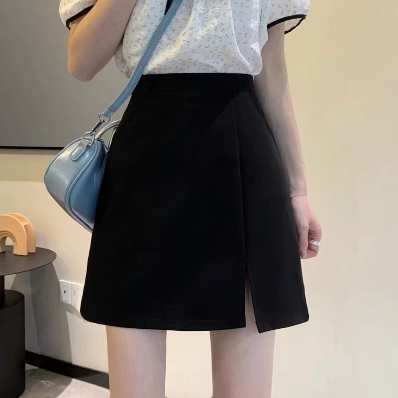 黑色a字短裙高腰显瘦夏季遮胯开叉半身裙女梨型身材短裙包臀裙10