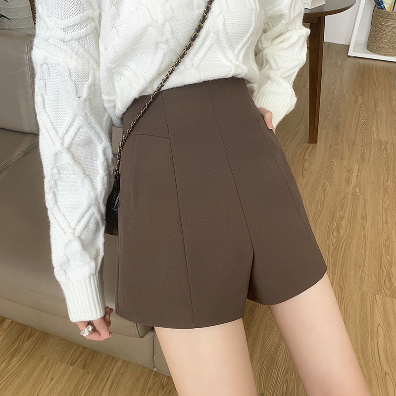 秋冬毛呢阔腿短裤女网红a字高腰显瘦咖色裤子冬季外穿2023新款19