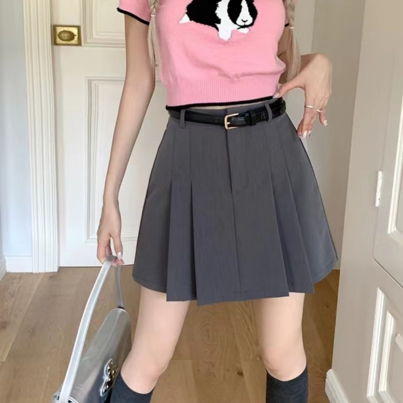 夏季灰色半身裙女高腰显瘦气质a字百褶裙韩版防走光时尚短裙11