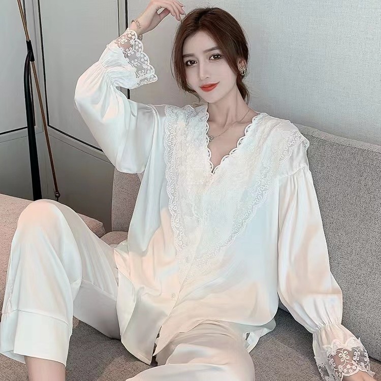 【蔷薇花】蕾丝高级感休闲冰雪丝家居服韩版长袖轻奢睡衣春夏套装