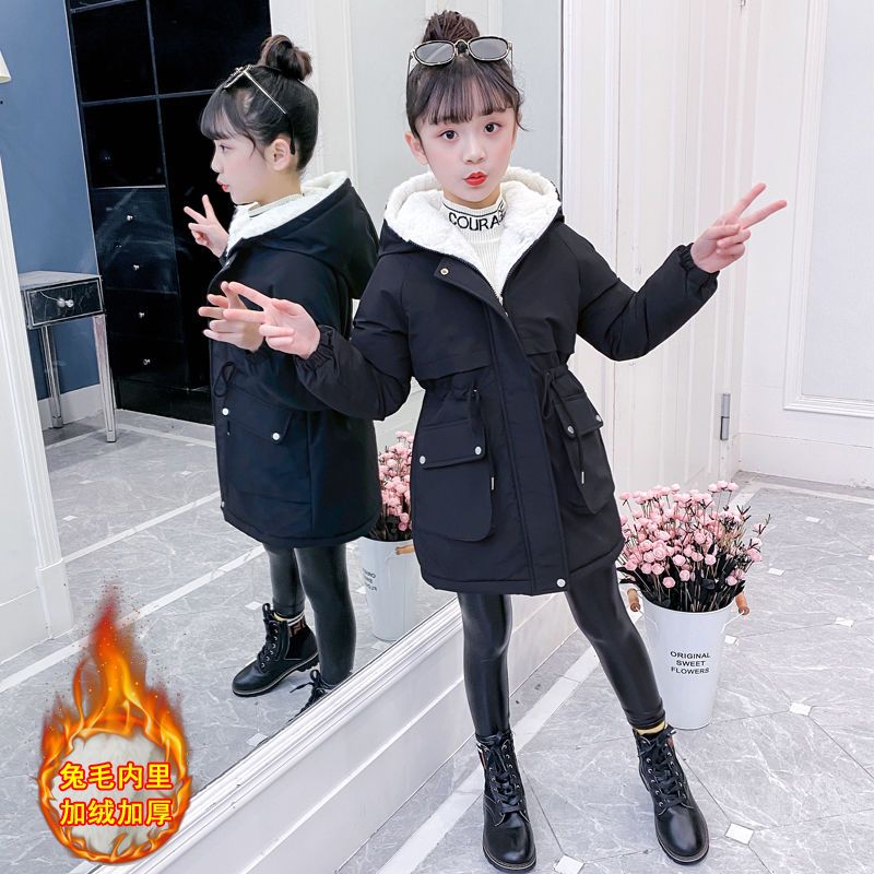 女童加绒加厚派克服2023冬装新款中大童洋气棉服女童中长款棉服潮