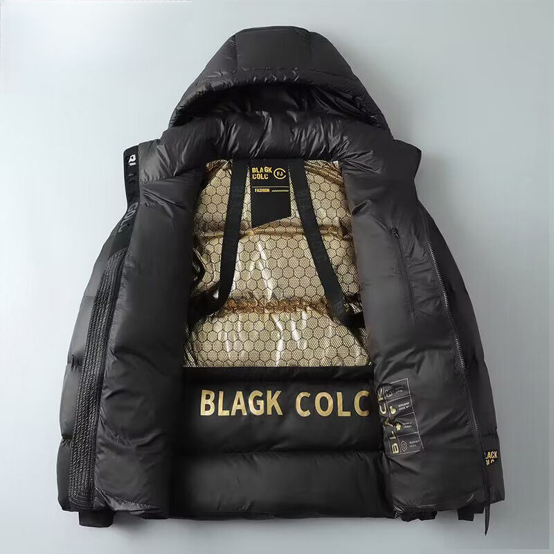 黑金羽绒服男短款2023新款加厚亮面情侣款冬季免洗防