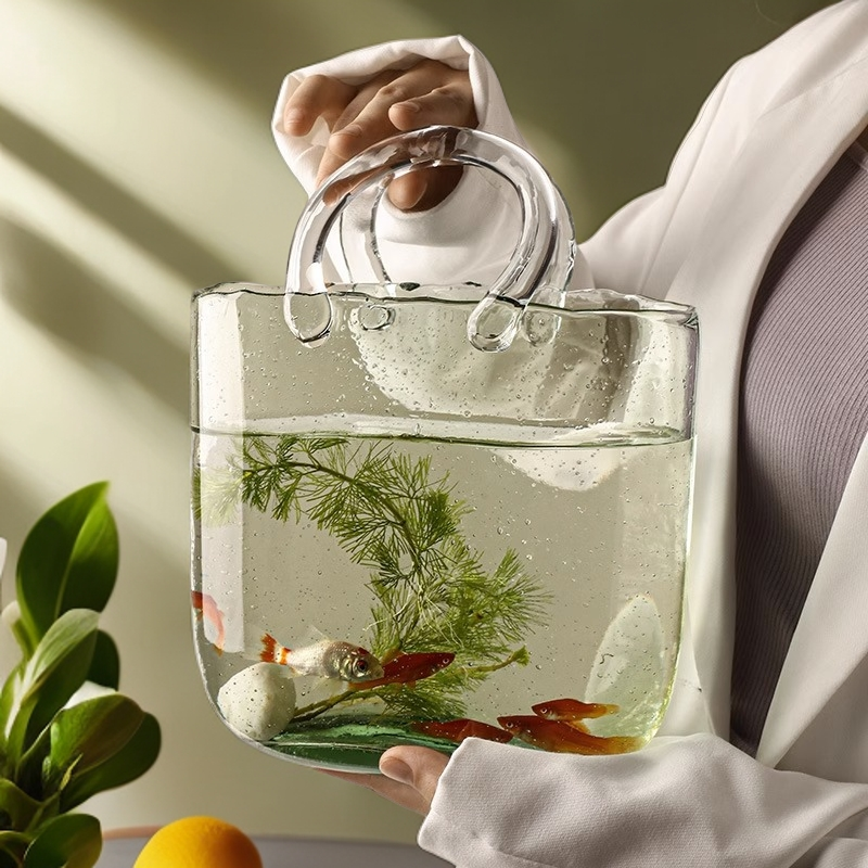 轻奢手提包透明花瓶创意轻奢水培家用插花摆件家居客厅装饰品玻璃