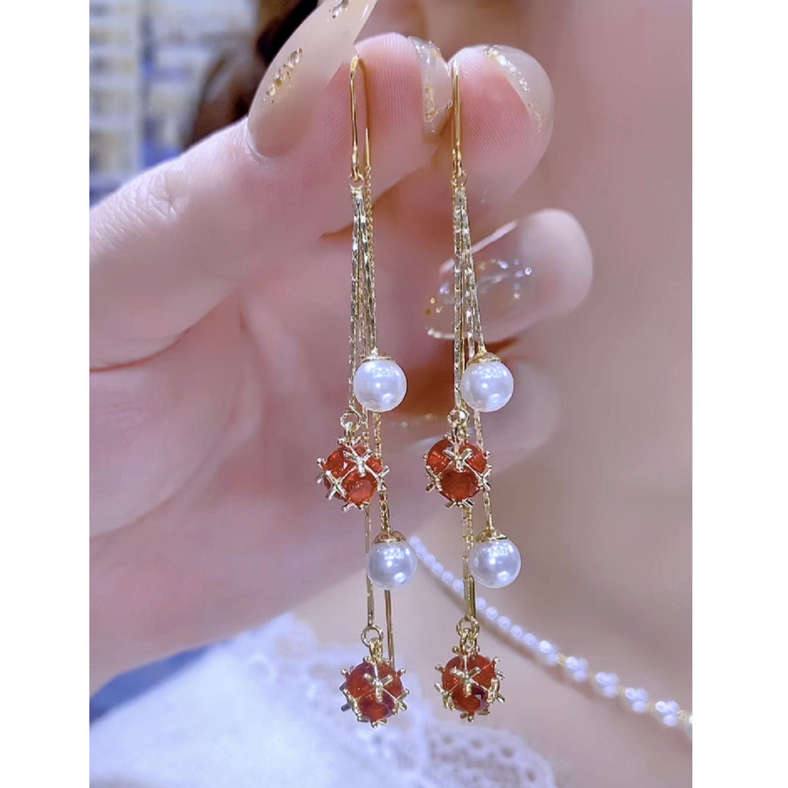 铜合金合成锆石耳饰 时尚轻奢气质红色珠珠流苏耳环