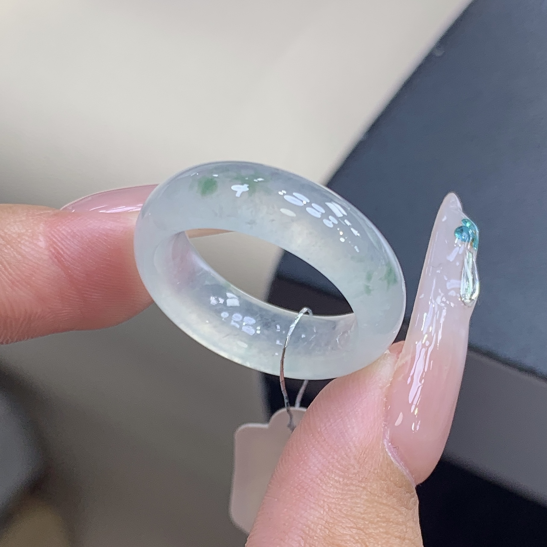 17-18圈 缅甸天然翡翠 高冰种水飘花翡翠戒圈尺寸 18.3-7.2-4.2mm