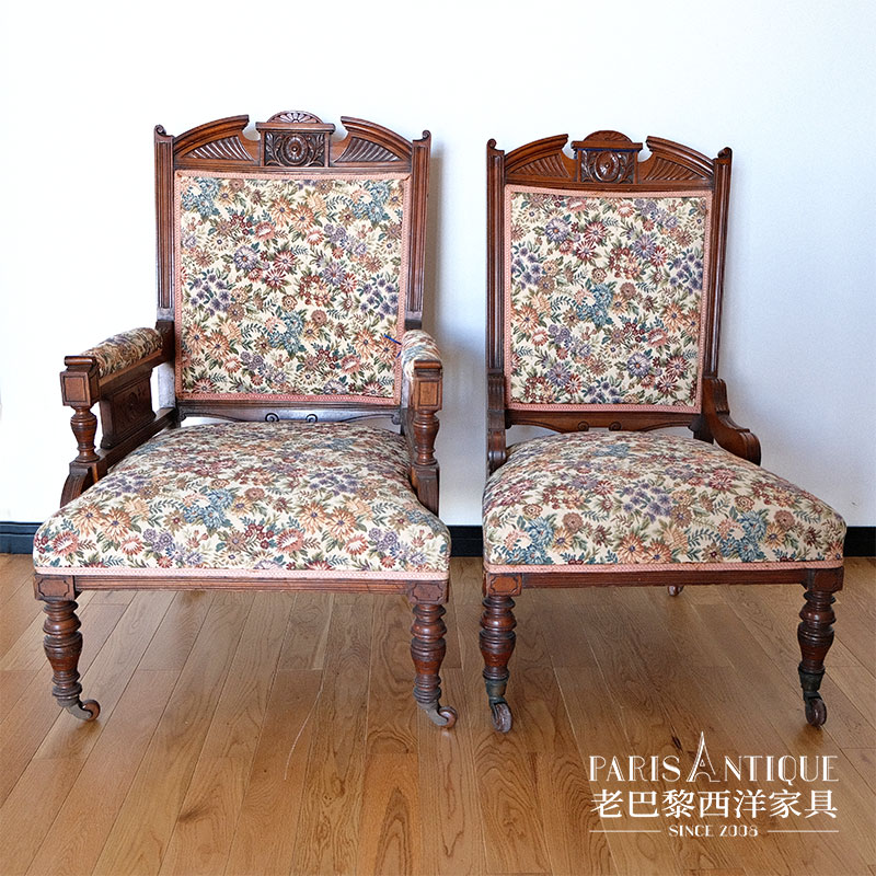 老巴黎|西洋古董家具 法国中古实木雕花小碎花布面休闲椅一对价出