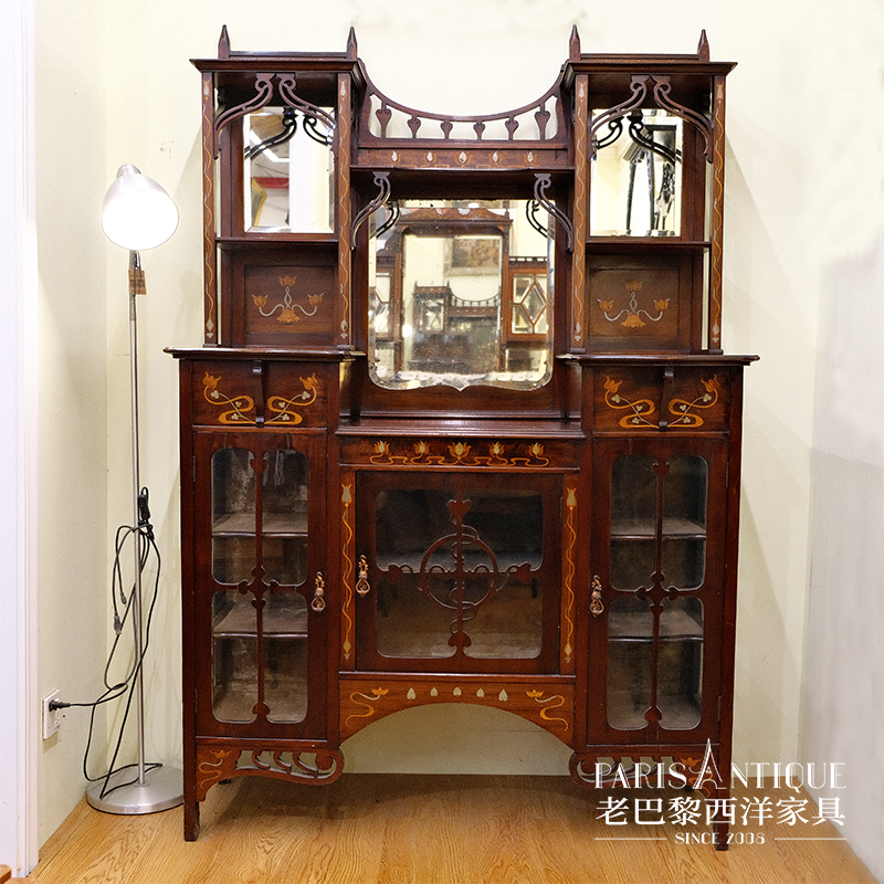老巴黎｜西洋古董家具 英国新艺术运动风格玫瑰木细木嵌花展示柜