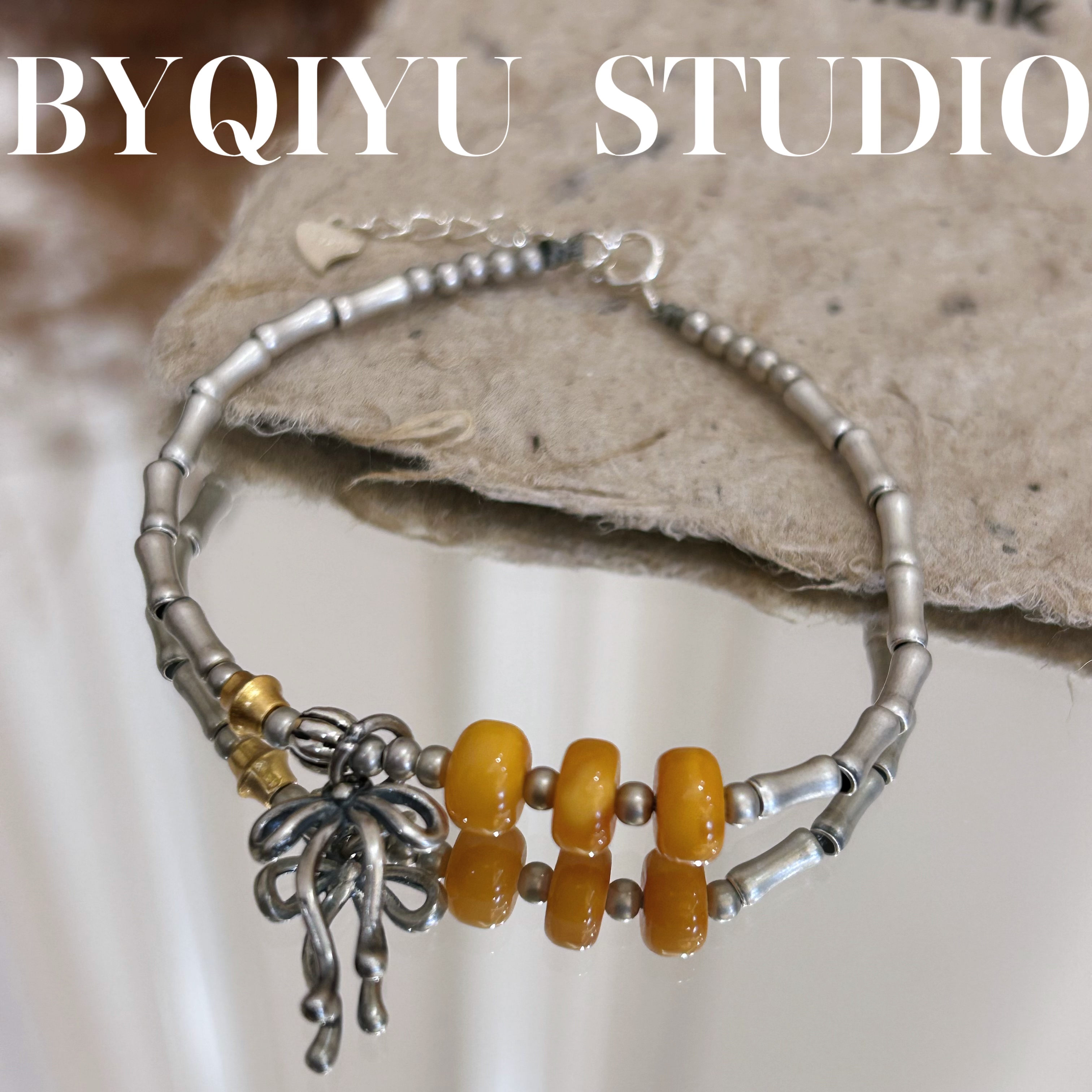 蜜蜡S925银竹节可调节手链