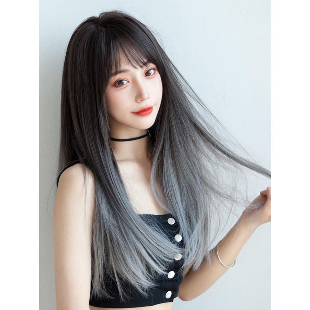 假发女中长直发时尚潮酷渐变烟灰色自然隐形大透气假发套全头套式