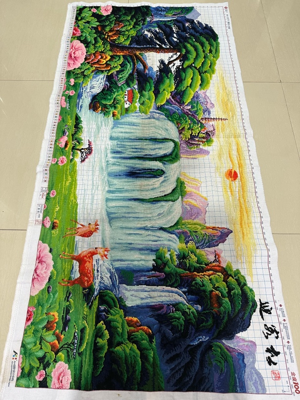 2.5×1.2米迎客松发财鹿十字绣成品