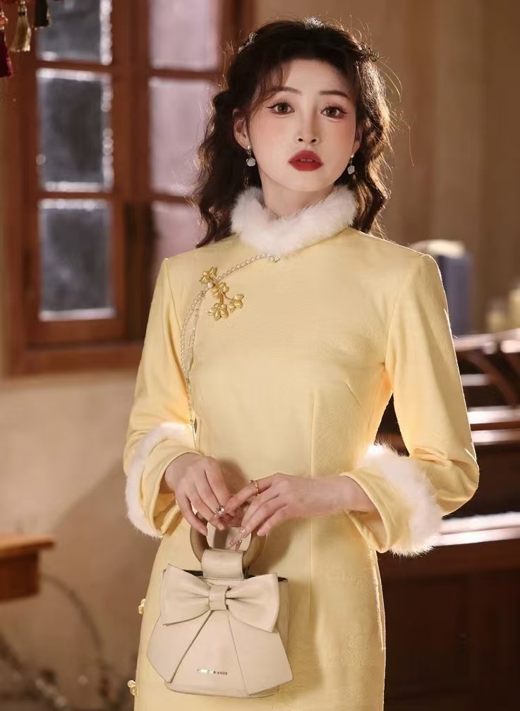【柠檬】上上签冬季新款鹅黄色新中式旗袍兔毛加绒自带压襟日常少女