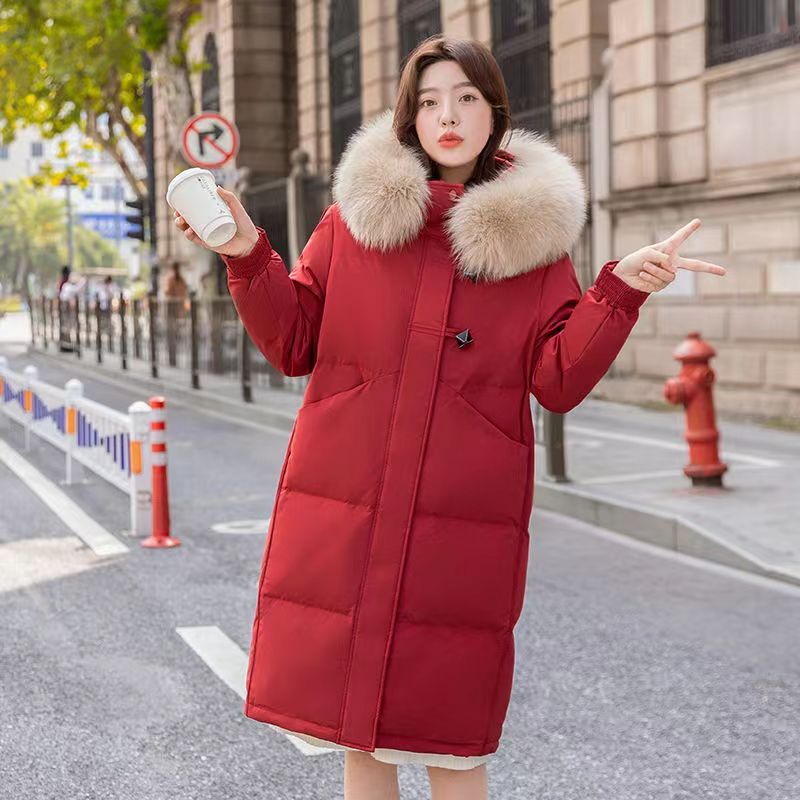 羽绒服女中长款冬季新款时尚韩版大毛领大红色加厚圣诞外套女显瘦
