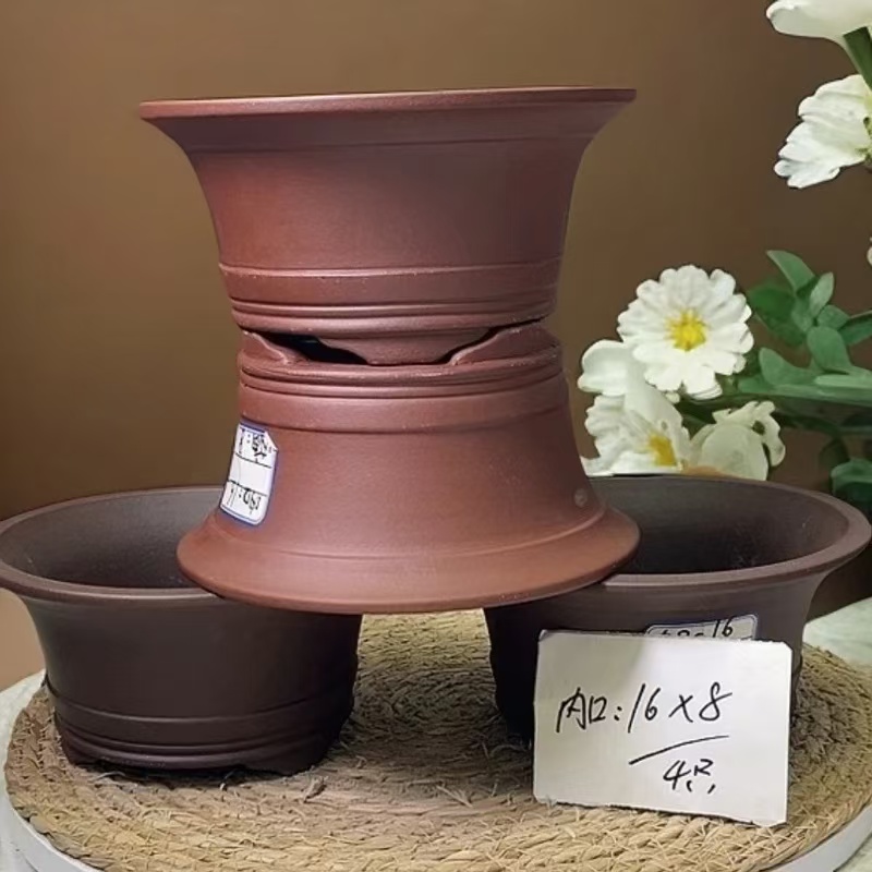 紫砂花盆，中号宽口碗盆，二红色，二紫色