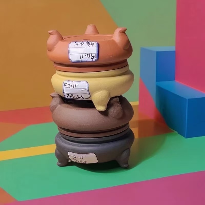 紫砂花盆，小三足香炉，四只一组