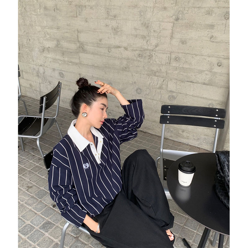 2024秋季新款韩系时尚高级感POLO领条纹上衣高腰显瘦黑色休闲长裤