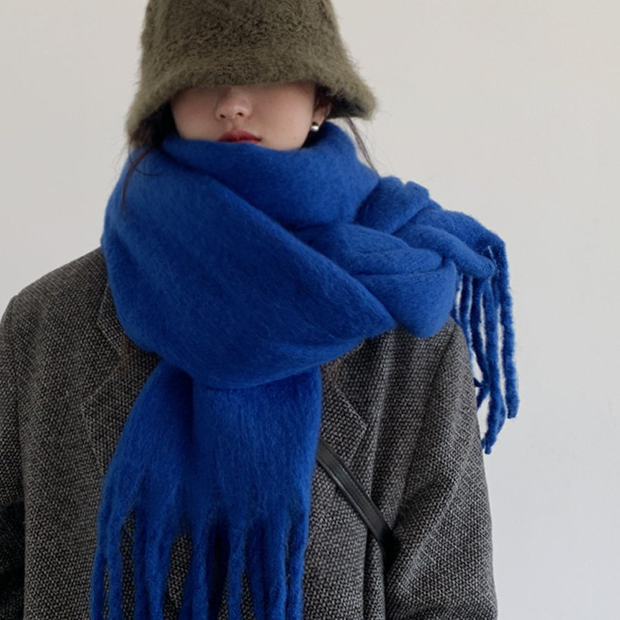 韩国东大门克莱因蓝纯色粗流苏围巾冬季男女加厚保暖大披肩百搭