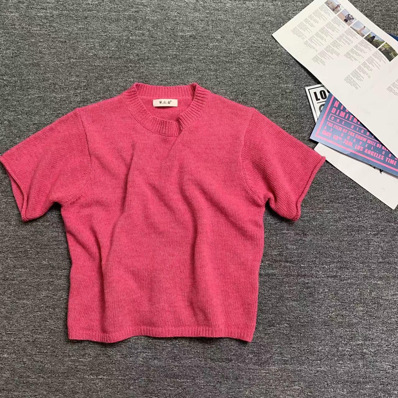 9399余小鱼 玫粉色经典甜美显瘦休闲百搭纯色圆领短袖毛衣女装