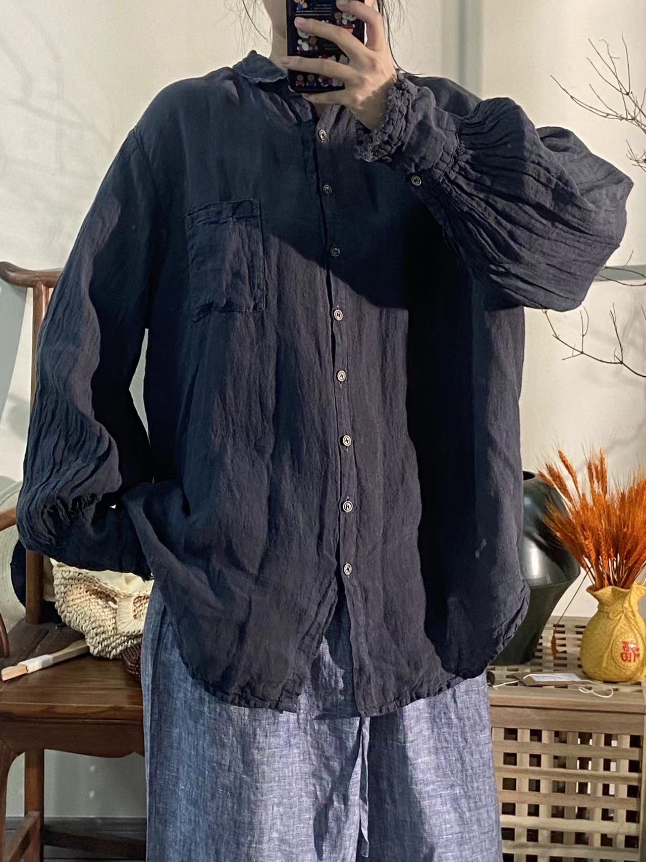 【云目悠悠】原创汉麻时尚休闲纯色宽松设计中长款开衫2024835