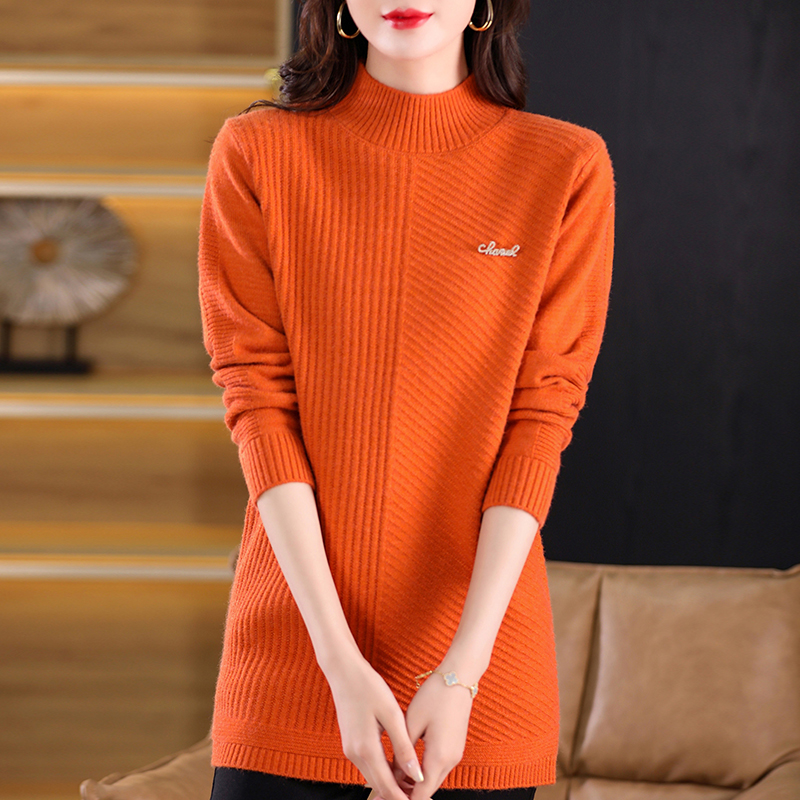 高档气质半高领毛衣女套头中长款春秋新款宽松洋气显瘦针织打底衫