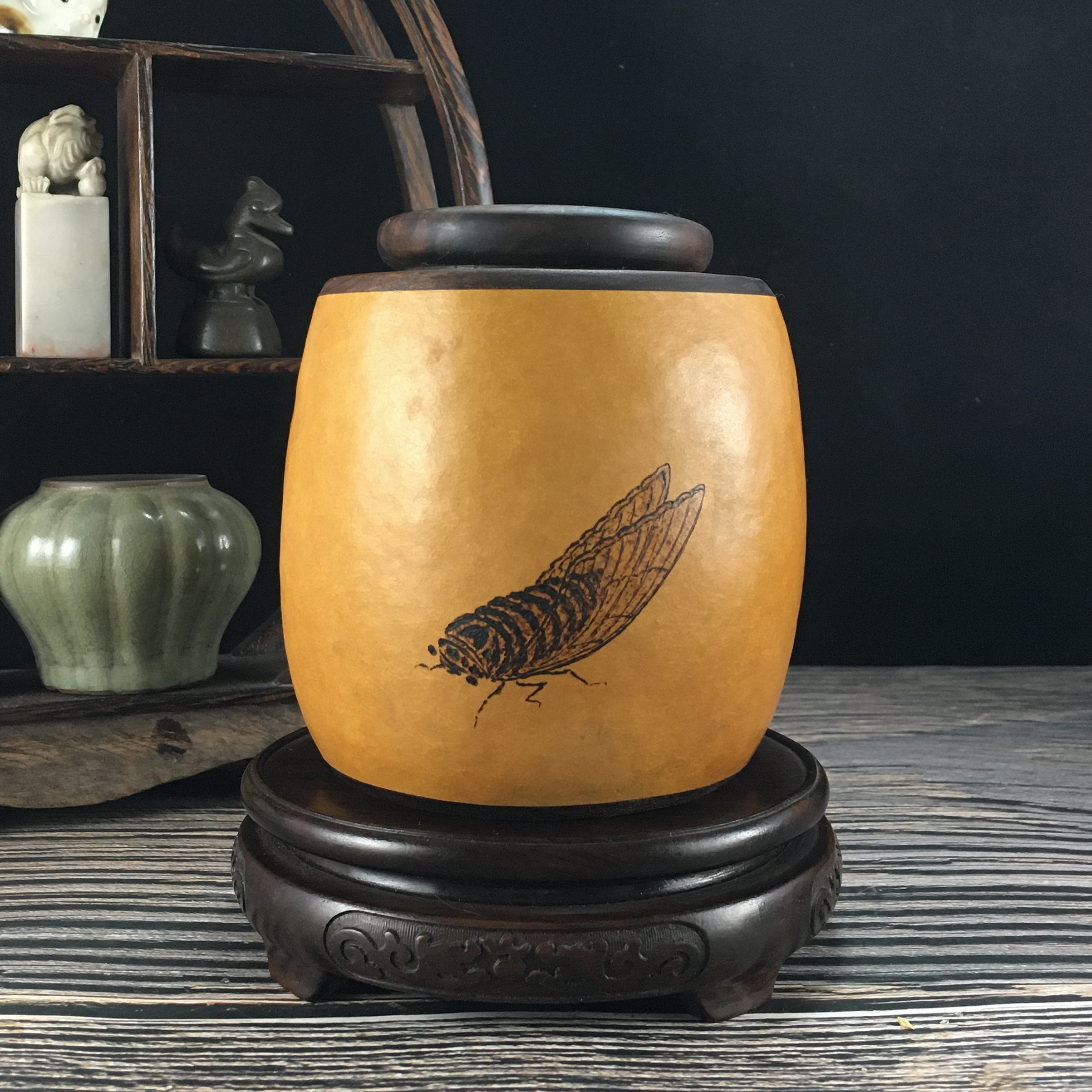 柳氏烙艺知足常乐 纯手工艺烙画烫花葫芦随形茶叶罐文玩把件摆件B