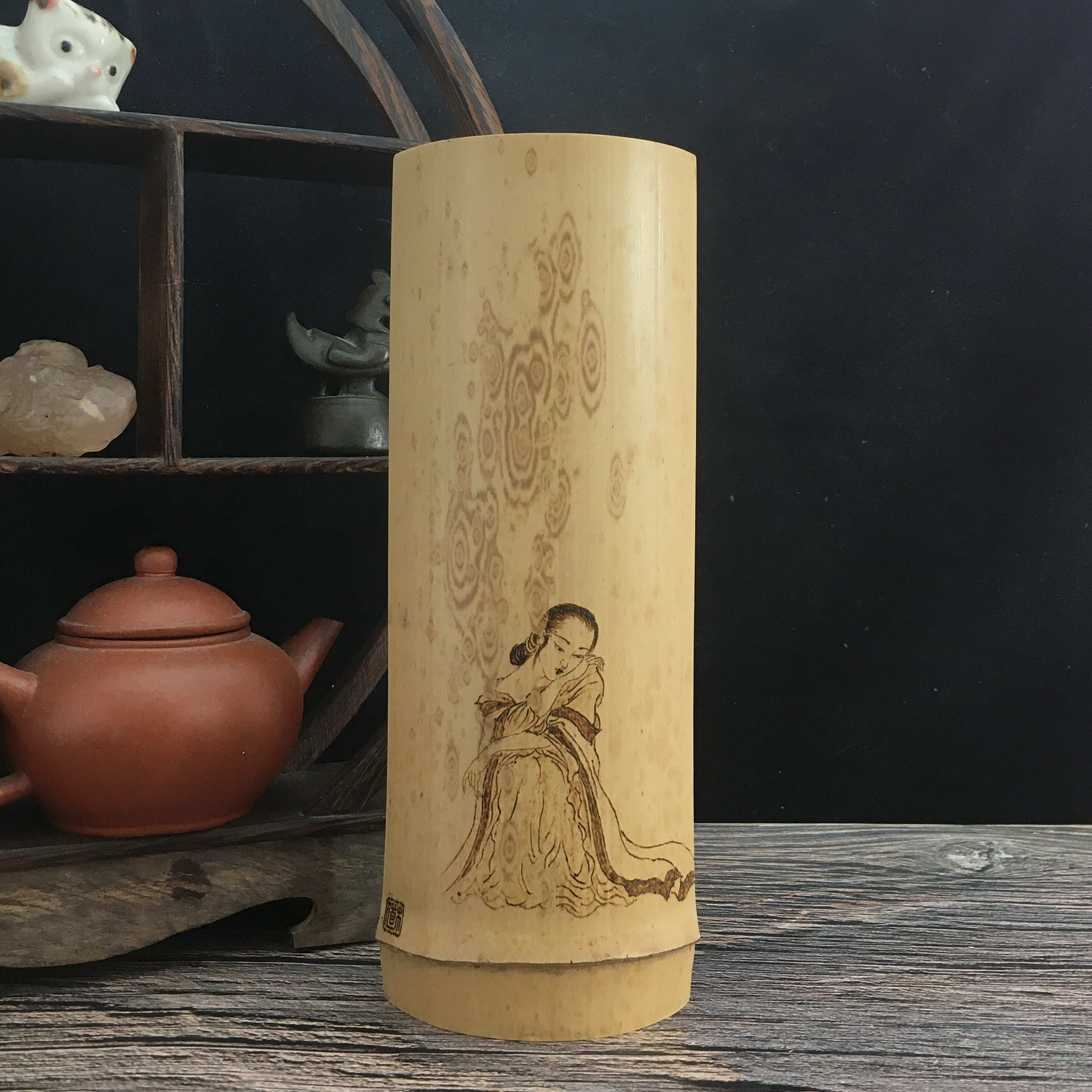 柳氏烙艺念奴娇 纯手工烙画精磨斑竹雕巧绘茶则茶具书法臂搁腕枕B