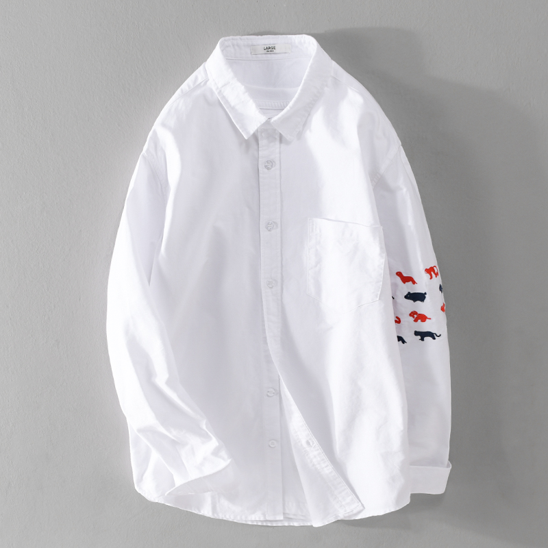 潮牌绣花白衬衫男士长袖秋季新款时尚潮流棉感刺绣衬衣外套9825-2