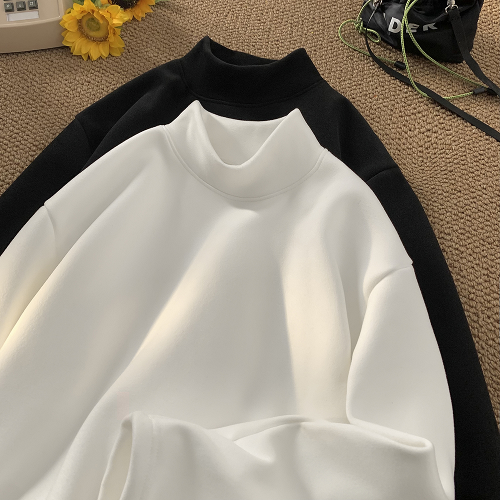 毛茸茸德绒纯色秋冬季加绒加厚长袖半高领打底衫内搭男白色T恤女
