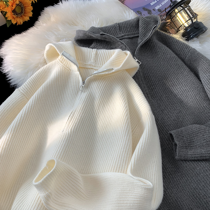 半拉链纯色针织衫毛衣男生秋冬季新款简约百搭青少年宽松连帽外套