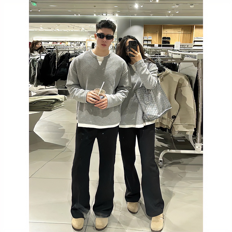 毛茸茸加绒加厚假两件v领卫衣男秋冬肌理感情侣长袖t恤灰色打底衫