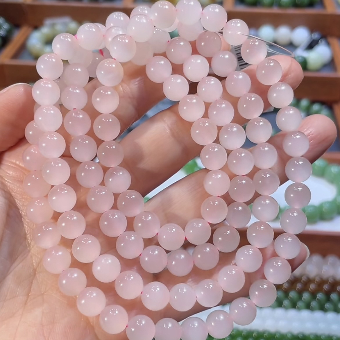 和田玉高冰起荧光藕粉猫眼多圈手串项链8mm