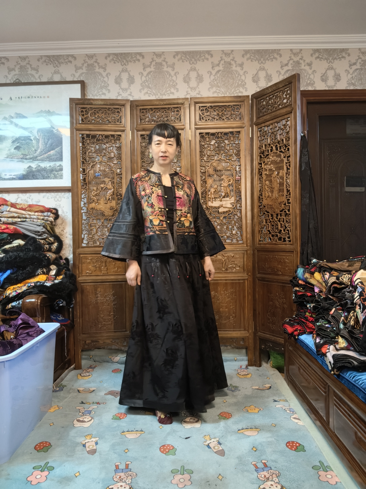 佑漪阁京绣女装上衣黑色传统长款中式日常中国风民族风重工刺绣