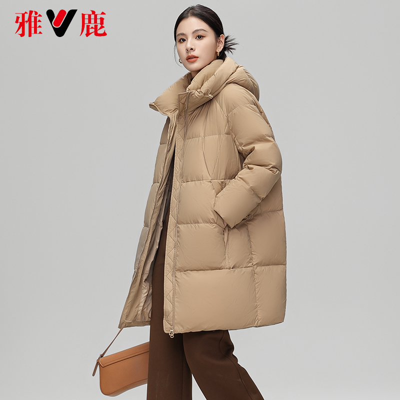 V/雅鹿2024冬季新款户外加厚保暖连帽羽绒服外套时尚休闲中长款