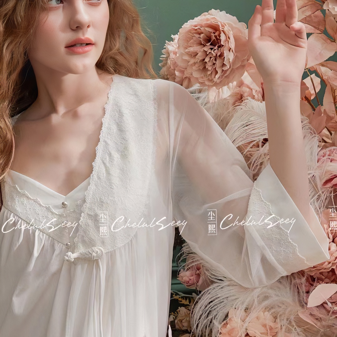 尘熙俩件套家居服上新蕾丝白色粉色红色春秋长袖夏季春夏薄款长款